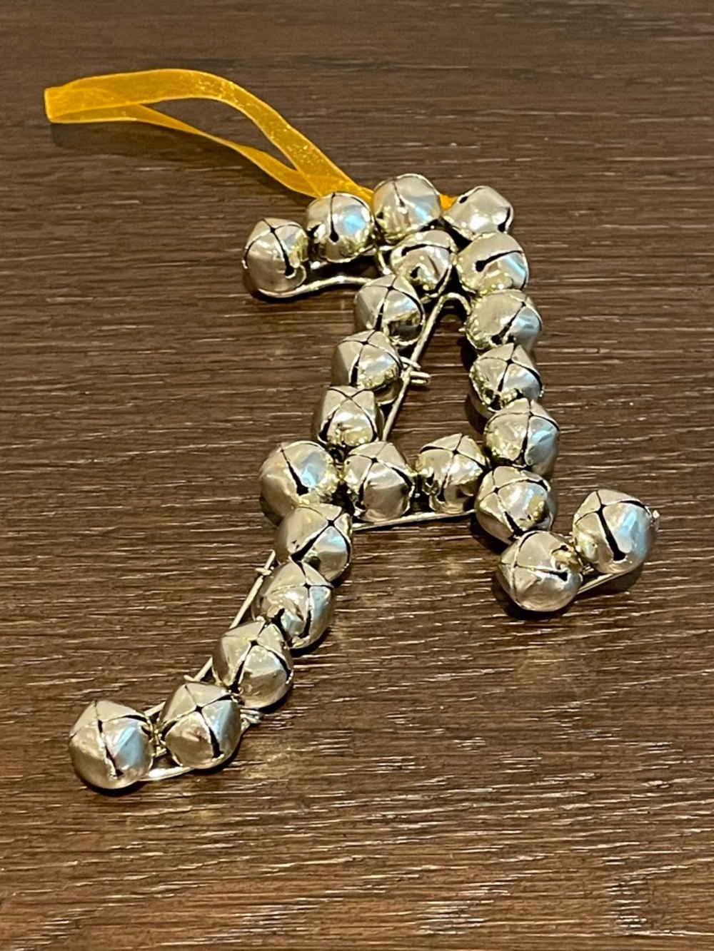 Silver Jingle Bell Letter 'A' Ornament with Gold Ribbon